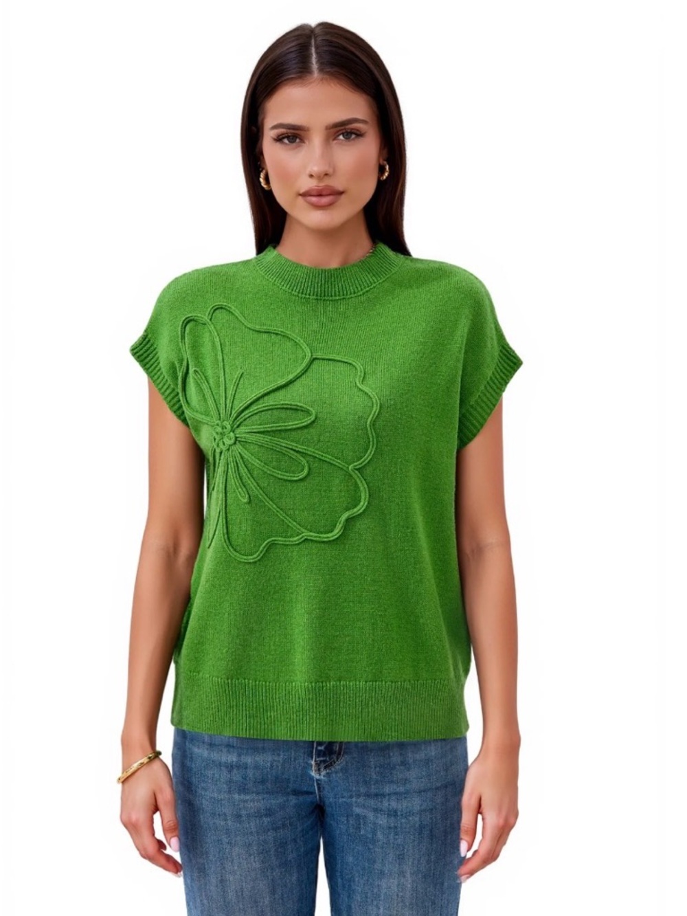 Women's Green Knit Cap-Sleeve Sweater with Floral Applique